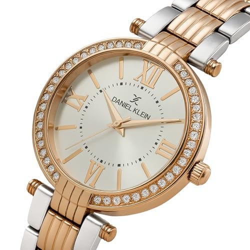 Daniel Klein Analog White Round Dial Two Tone Silver Rose Gold Metal Strap Stone-Studded Water-Resistant Wrist Watch for Women Girls, Ladies DK11138-5 - Image 3