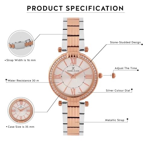 Daniel Klein Analog White Round Dial Two Tone Silver Rose Gold Metal Strap Stone-Studded Water-Resistant Wrist Watch for Women Girls, Ladies DK11138-5 - Image 5
