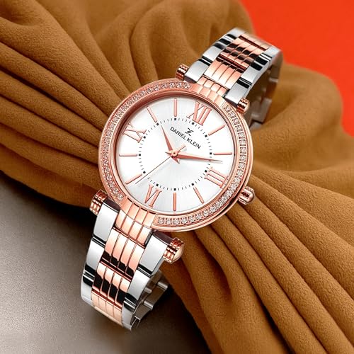Daniel Klein Analog White Round Dial Two Tone Silver Rose Gold Metal Strap Stone-Studded Water-Resistant Wrist Watch for Women Girls, Ladies DK11138-5 - Image 2