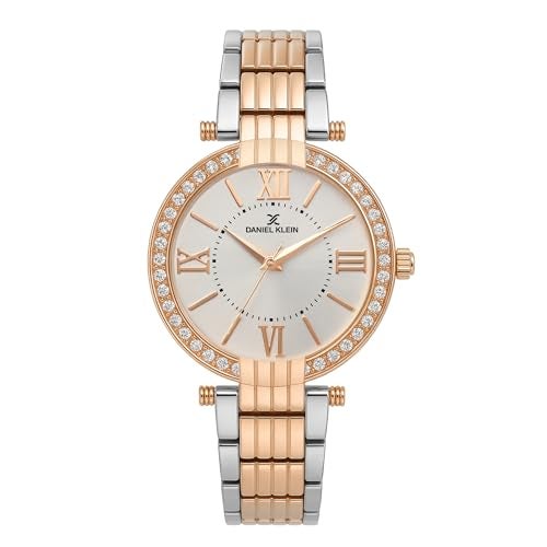 Daniel Klein Analog White Round Dial Two Tone Silver Rose Gold Metal Strap Stone-Studded Water-Resistant Wrist Watch for Women Girls, Ladies DK11138-5 - Image 1
