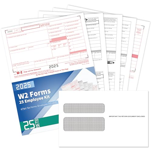 Yeplan W2 Tax Forms 2025 with Envelopes, 4 Part Tax Forms 2025, 25 Employee Kit of Laser Forms with 3 W3, with 25 Self Seal Envelopes - Image 1