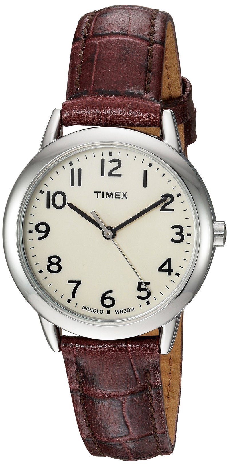 TIMEX ساعة تيمكس النسائية سهلة القراءة 30 مم - علبة فضية مع قرص كريمي وحزام جلد كروكو بني - Image 1