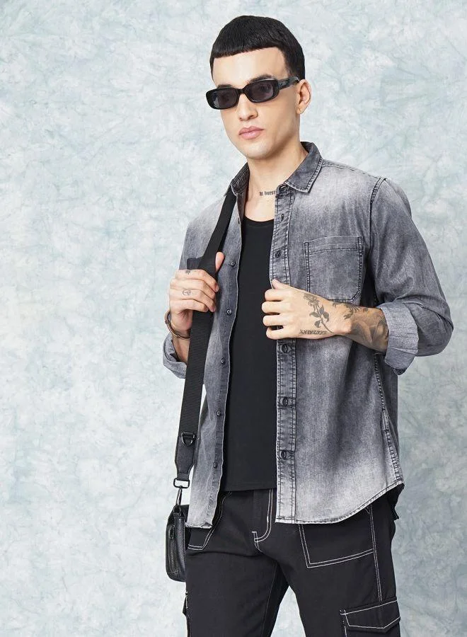 The Indian Garage Co Men Slim Fit Solid Full Sleeves Cutaway Collar Street Wear Denim Shirt