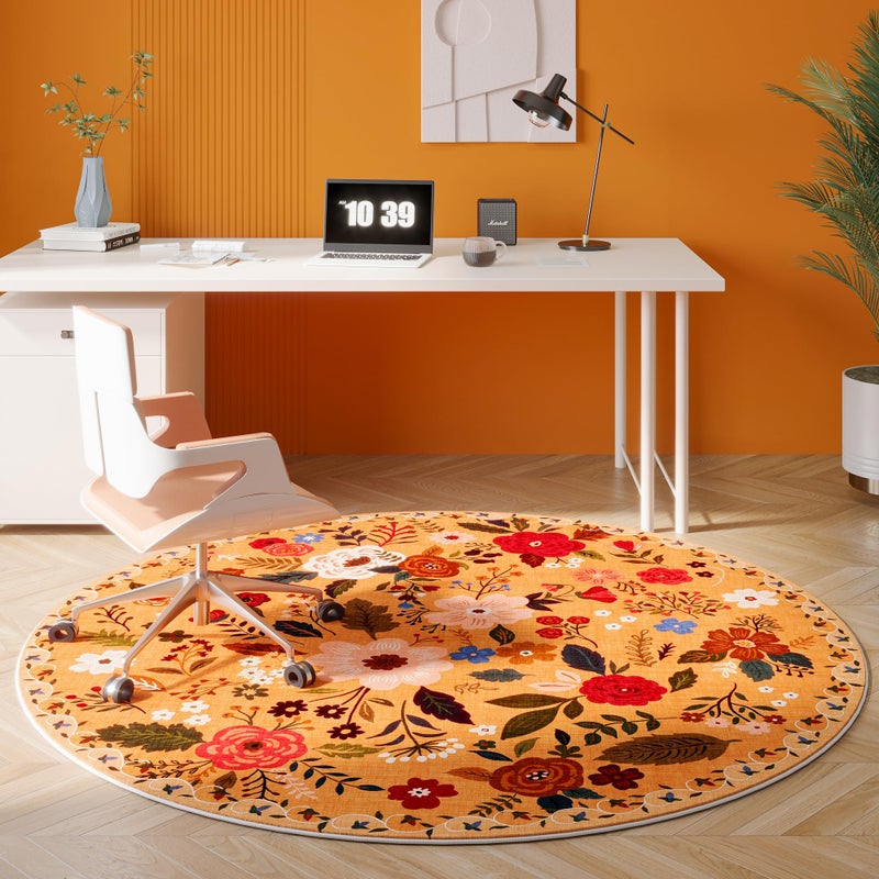 Rugcomf Round Rug 4ft Washable Circle Rug Non Slip Low Pile Boho Floral Small Circular Rug for Bedroom, Bathroom, Entryway, Kids Room, Office, College Dorm(Yellow) - Image 5