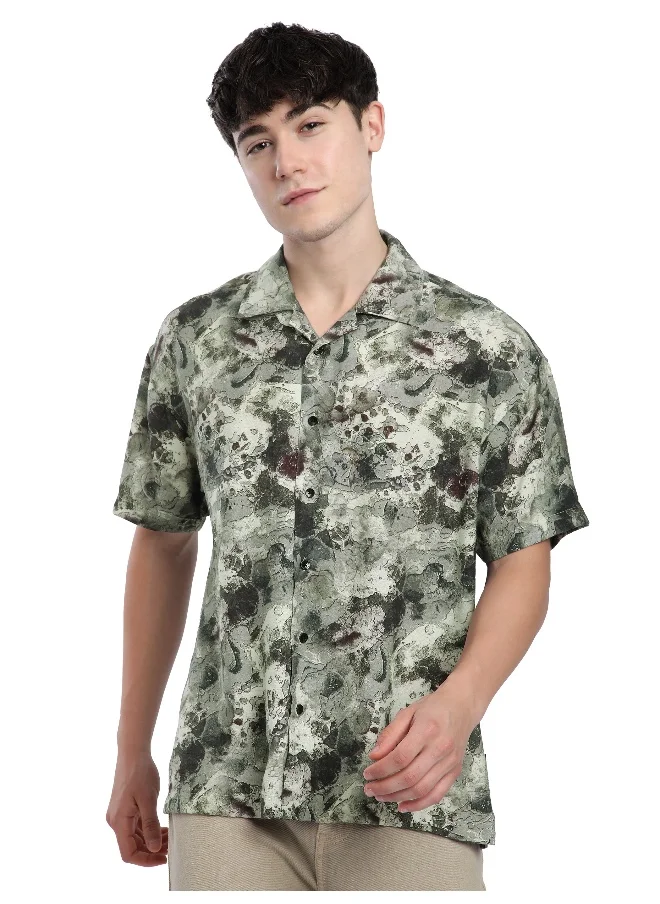 Beyoung Light Green Marble Printed Cuban Shirt