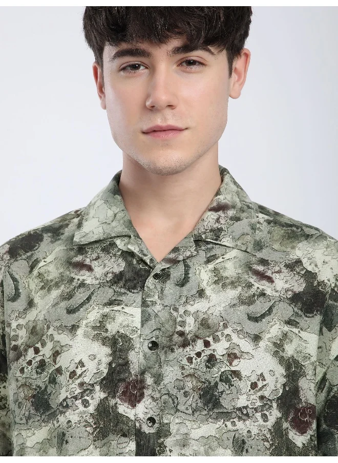 Beyoung Light Green Marble Printed Cuban Shirt
