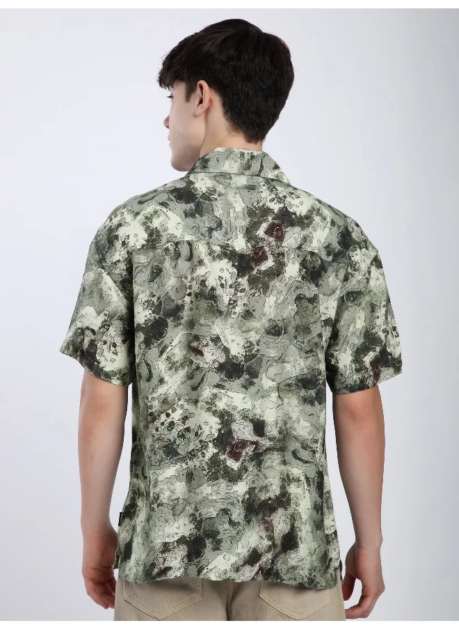 Beyoung Light Green Marble Printed Cuban Shirt