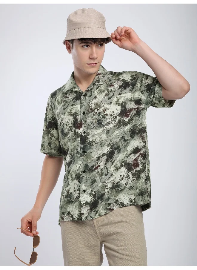 Beyoung Light Green Marble Printed Cuban Shirt
