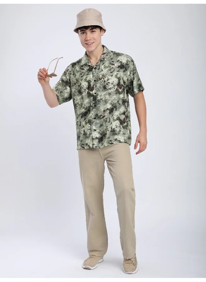 Beyoung Light Green Marble Printed Cuban Shirt