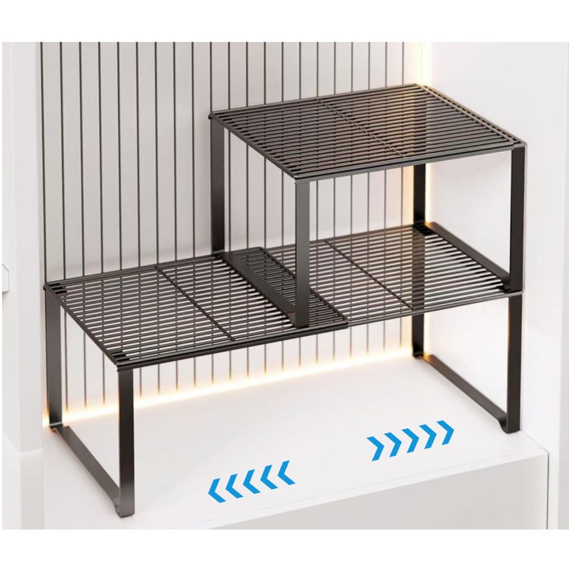 HGZBS Extendable Metal Wire Shelf Organizer - Adjustable 15-24.4in Length, Stackable Storage Rack for Kitchen/Pantry/Bathroom/Shoe Cabinet/Tool Closet (1,Black) - Image 1