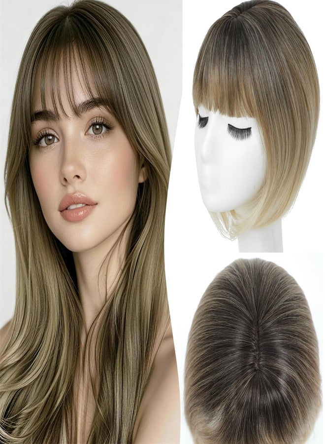 Jinhui Hair Toppers for Women with Thinning Hair, 12 Inch Toppers Hairpieces for Women with Wispy Clip in Bangs Realistic Scalp & Parting Wiglets Daily Use (Ombre Light Brown to Blonde) - Image 1