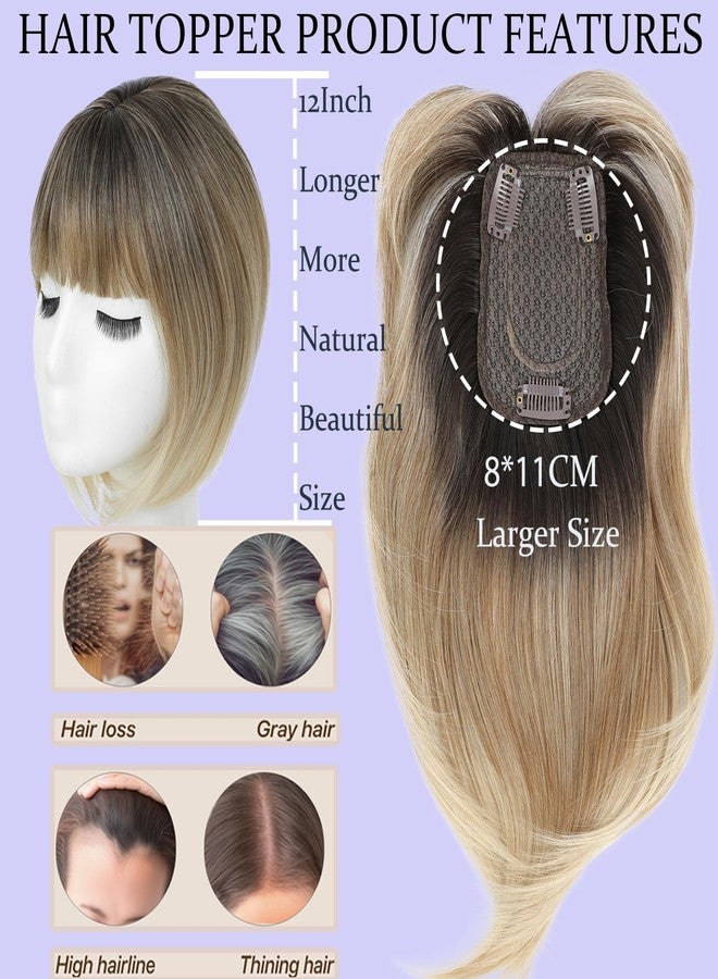 Jinhui Hair Toppers for Women with Thinning Hair, 12 Inch Toppers Hairpieces for Women with Wispy Clip in Bangs Realistic Scalp & Parting Wiglets Daily Use (Ombre Light Brown to Blonde) - Image 2