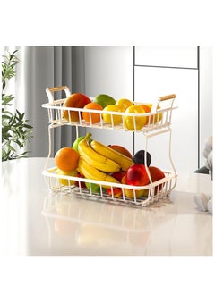 Arabest 2 Tier Fruit Basket, Stackable Fruit Basket Bowl Stand with Wooden Handle, Detachable Fruit Storage Basket for Kitchen, Dining Room, Countertop, White  - Image 1