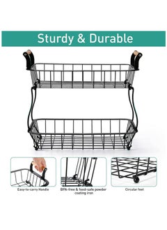 Arabest 2 Tier Fruit Basket, Stackable Fruit Basket Bowl Stand with Wooden Handle, Detachable Fruit Storage Basket for Kitchen, Dining Room, Countertop, White  - Image 2