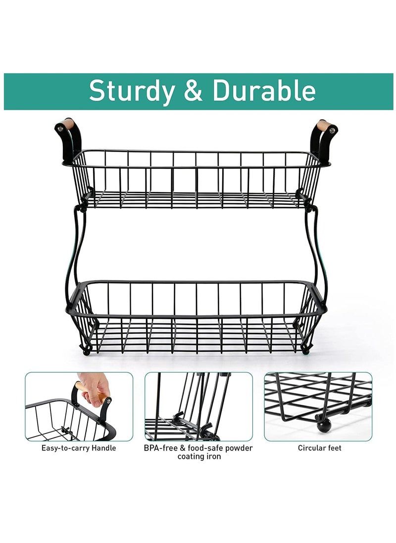 2 Tier Fruit Basket, Stackable Fruit Basket Bowl Stand with Wooden Handle, Detachable Fruit Storage Basket for Kitchen, Dining Room, Countertop, White