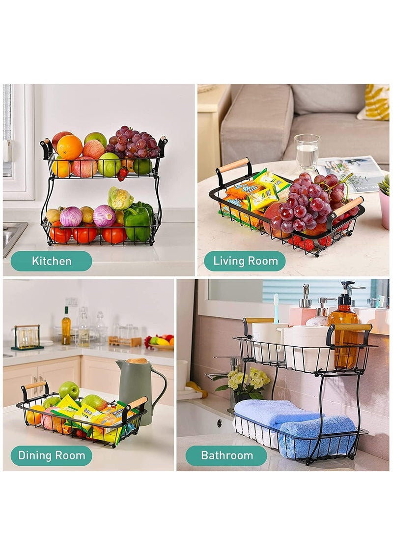 2 Tier Fruit Basket, Stackable Fruit Basket Bowl Stand with Wooden Handle, Detachable Fruit Storage Basket for Kitchen, Dining Room, Countertop, White