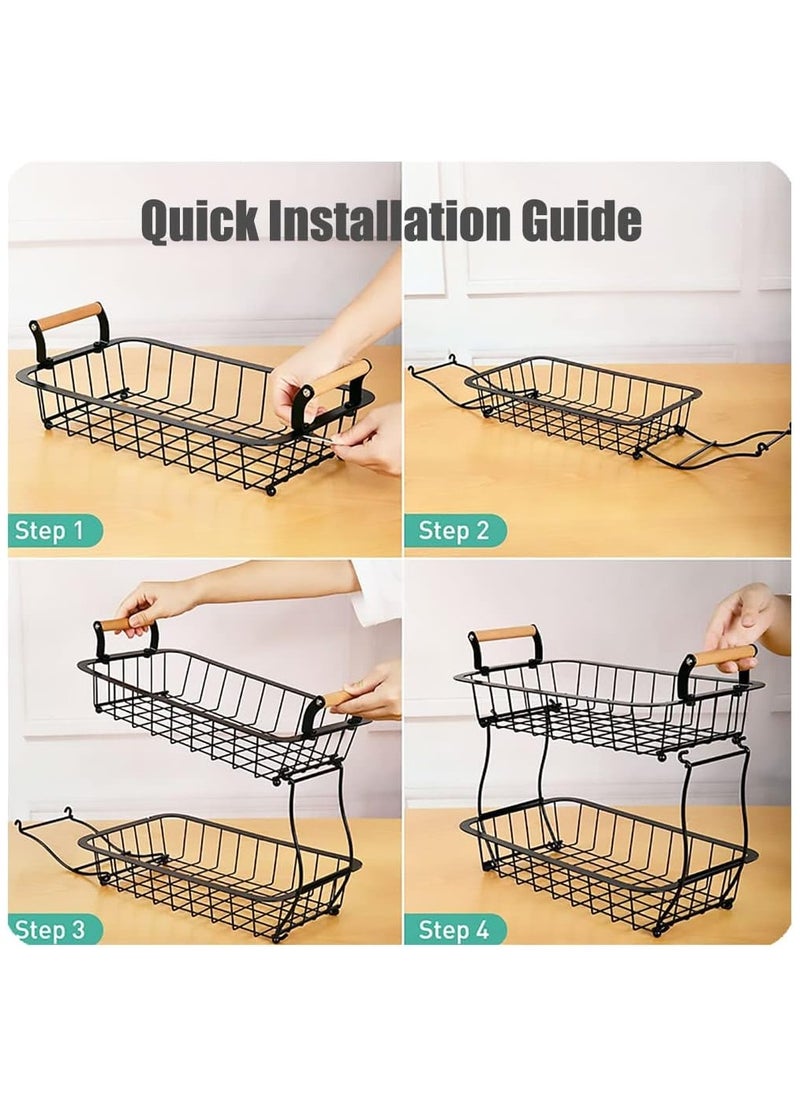 2 Tier Fruit Basket, Stackable Fruit Basket Bowl Stand with Wooden Handle, Detachable Fruit Storage Basket for Kitchen, Dining Room, Countertop, White