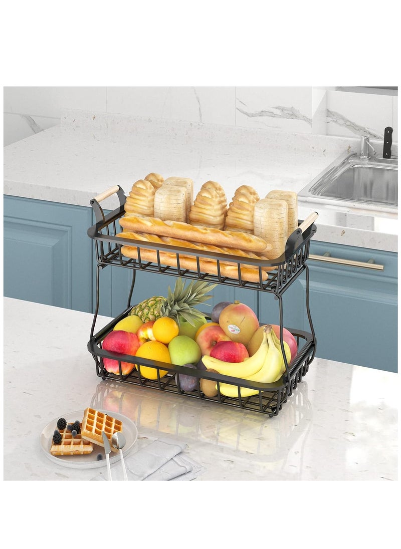 2 Tier Fruit Basket, Stackable Fruit Basket Bowl Stand with Wooden Handle, Detachable Fruit Storage Basket for Kitchen, Dining Room, Countertop, White