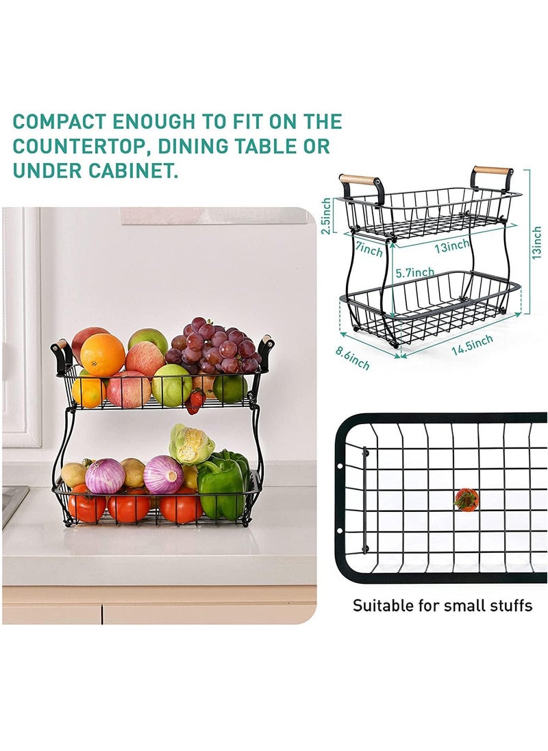 2 Tier Fruit Basket, Stackable Fruit Basket Bowl Stand with Wooden Handle, Detachable Fruit Storage Basket for Kitchen, Dining Room, Countertop, White
