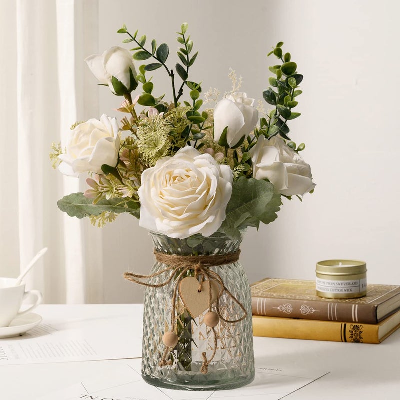YJ Fake Flowers with Vase Silk Roses Artificial Flowers in Vase Faux Flower Arrangement with Vase Suitable for Home Office Decoration Dining Table CenterpieceWhite