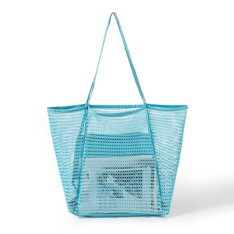 Multi-functional Casual Large Shoulder Shopping Bag Outdoor Swimming Beach Bag Breathable Visual Mesh Tote Bag Storage Bag Sky Blue 