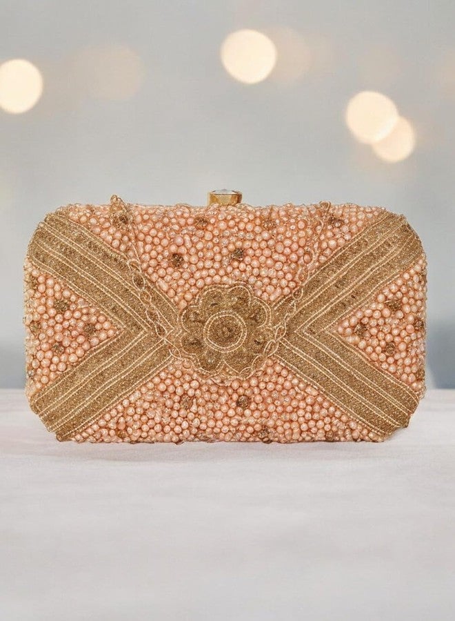 Crusset - Women's Suede Designer Wedding Sling Clutch Bag | Golden Purse with Circular Multi-Shell Embellishments and Embroidery (Off White) - Image 2