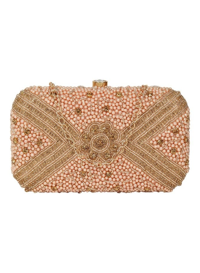 Crusset - Women's Suede Designer Wedding Sling Clutch Bag | Golden Purse with Circular Multi-Shell Embellishments and Embroidery (Off White) - Image 1