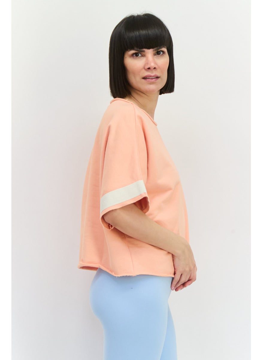 TRIBE OF 6 - Women Round Neck Short Sleeves Plain T-shirt, Peach - Image 1