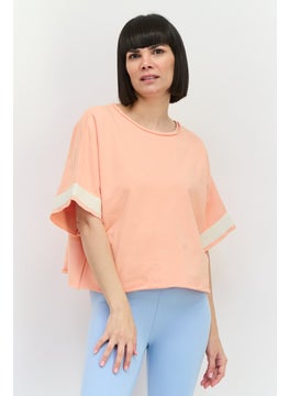 Women Round Neck Short Sleeves Plain T-shirt, Peach