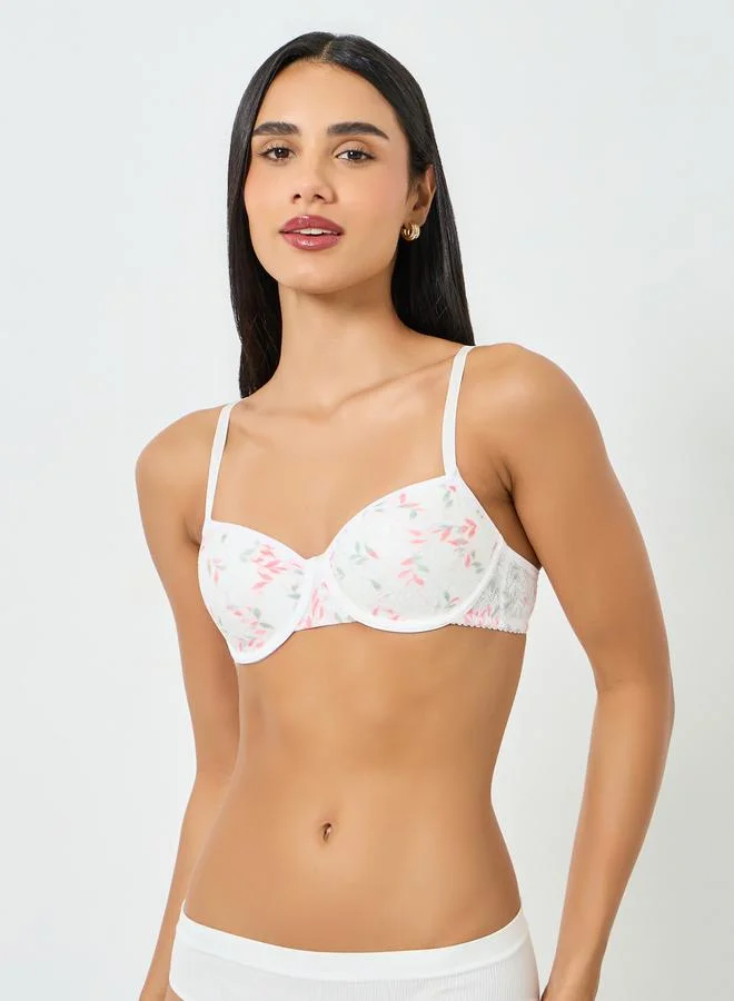 Take Two White Leaf Pattern Lace Trim Padded Wired Bra