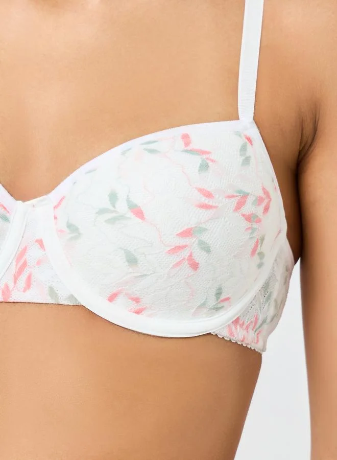 Take Two  White Leaf Pattern Lace Trim Padded Wired Bra for Women | Best Price UAE