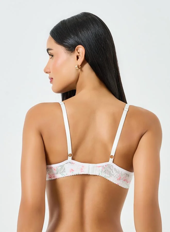 Take Two  White Leaf Pattern Lace Trim Padded Wired Bra for Women | Best Price UAE