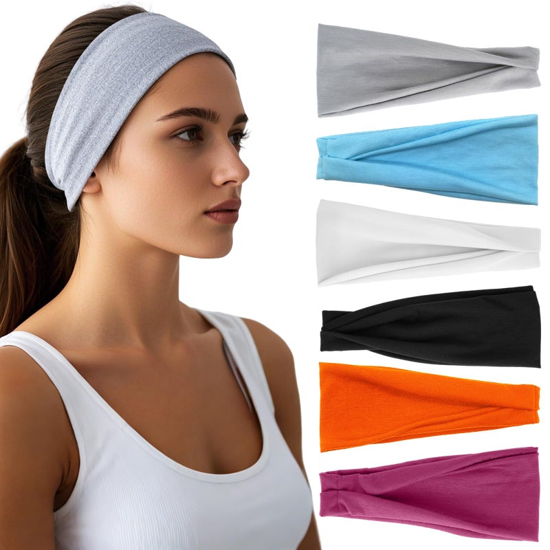 HSEM Headbands for Women - 6 Pack Wide Elastic Hairbands | Ultra-Soft Moisture Wicking Sports Headband | Non-Slip Accessories Bands for Fashion (Orange Blue Grey White RoseRed Black) - Image 1