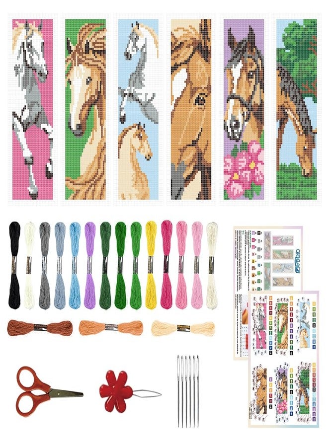 ORIGACH 6 Set Horse Cross Stitch Bookmark Kit for Beginner with Backing Felt Floss Instructions DIY Stamped Embroidery Bookmark Kit for Adults, Book Lovers - Image 1