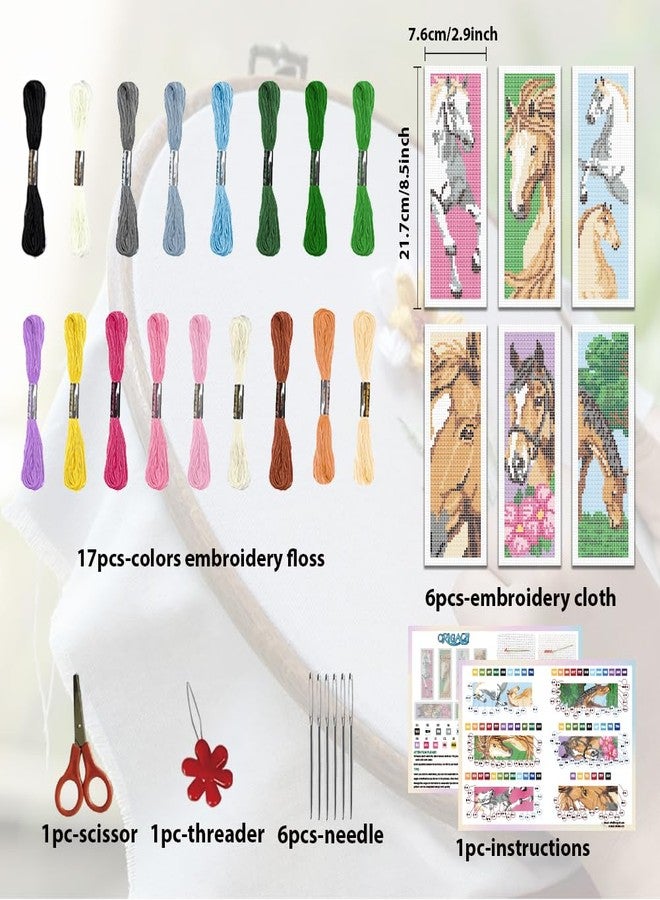 ORIGACH 6 Set Horse Cross Stitch Bookmark Kit for Beginner with Backing Felt Floss Instructions DIY Stamped Embroidery Bookmark Kit for Adults, Book Lovers - Image 2