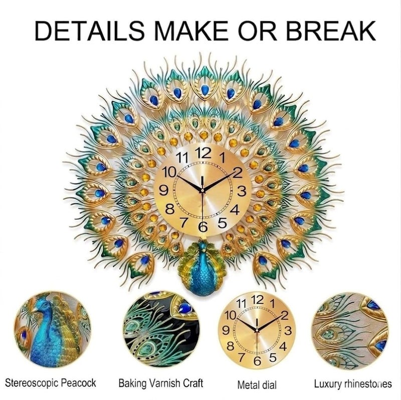 R RUNILEX Large Wall Clock for Living Room Decor,Mid Century Decorative Non-Ticking Silent Luxury Peacock Clock for Dining Room Bedroom (Pickock Clock) - Image 5
