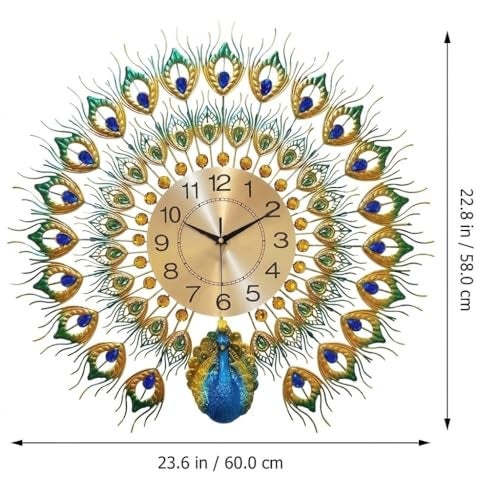 R RUNILEX Large Wall Clock for Living Room Decor,Mid Century Decorative Non-Ticking Silent Luxury Peacock Clock for Dining Room Bedroom (Pickock Clock) - Image 2