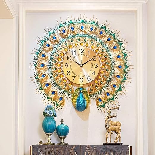 R RUNILEX Large Wall Clock for Living Room Decor,Mid Century Decorative Non-Ticking Silent Luxury Peacock Clock for Dining Room Bedroom (Pickock Clock) - Image 1