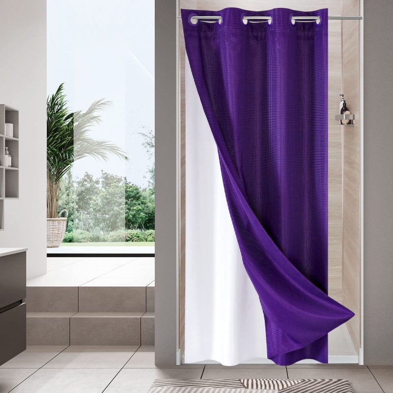 MitoVilla Purple Waffle Small Stall Shower Curtain 36 x 74  No Hooks Needed Half Size Narrow Waffle Weave Fabric Shower Curtain Set with Snap-in Liner for Lavender Modern Spa-Like Bathroom Decor - Image 1