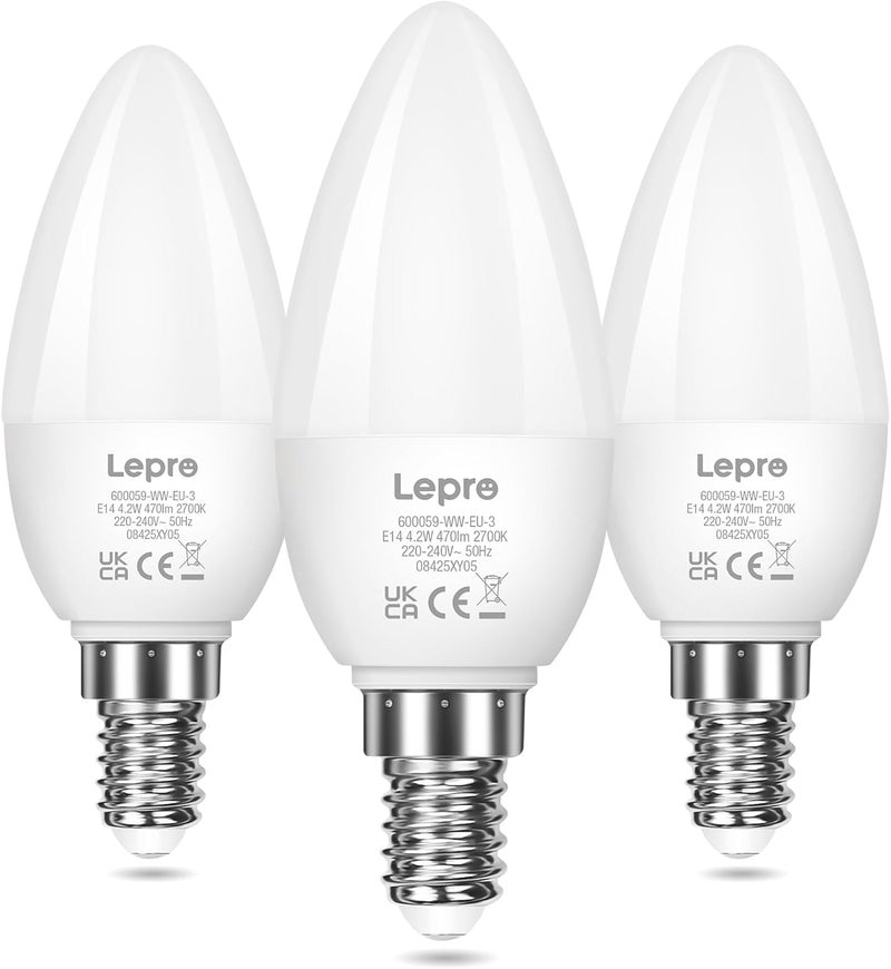 لايتنغ إيفر لمبة LED من Lepro طراز E14، 220-240 فولت، لمبات شمعة صغيرة بقاعدة إديسون لولبية SES، 4.9 واط 470 لومن، مكافئة لمبة 40 واط E14، لمبة LED أبيض دافئ 2700 كلفن، لمبات شمعة موفرة للطاقة، غير قابلة للتعتيم، عبوة من 3 - Image 1
