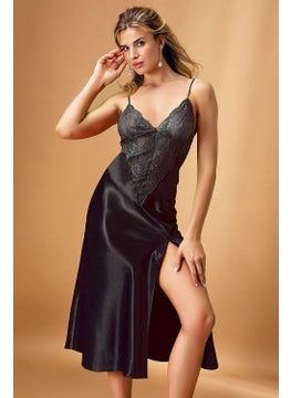 Nurteks 7136X Women's Large Size Satin Rope Strap Slit Detailed Long Nightgown-Amber 