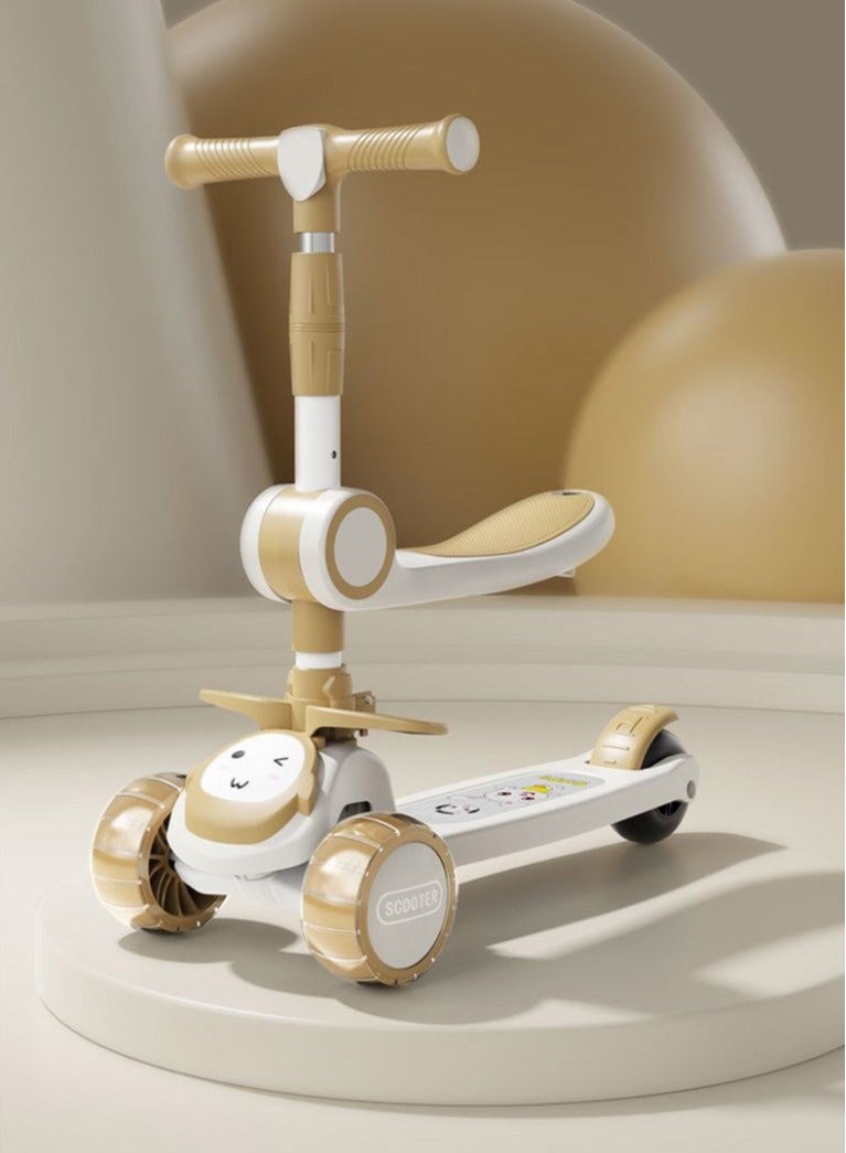 3 Wheel Kids Scooter with LED Light Up Wheels and Music for Toddlers Girls and Boys 4 Adjustable Handlebar Heights Tilt Steering Wide Deck for Kids Ages 2-12 - Beige - Image 1