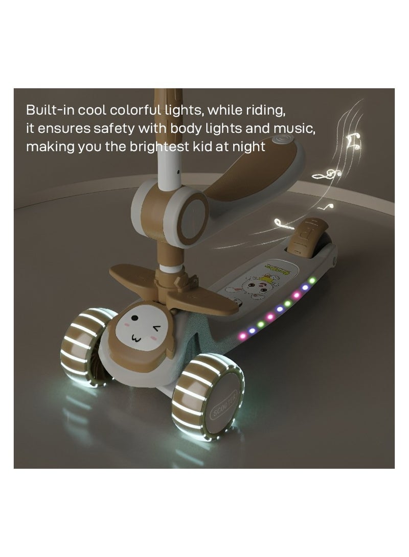 3 Wheel Kids Scooter with LED Light Up Wheels and Music for Toddlers Girls and Boys 4 Adjustable Handlebar Heights Tilt Steering Wide Deck for Kids Ages 2-12 - Beige - Image 4