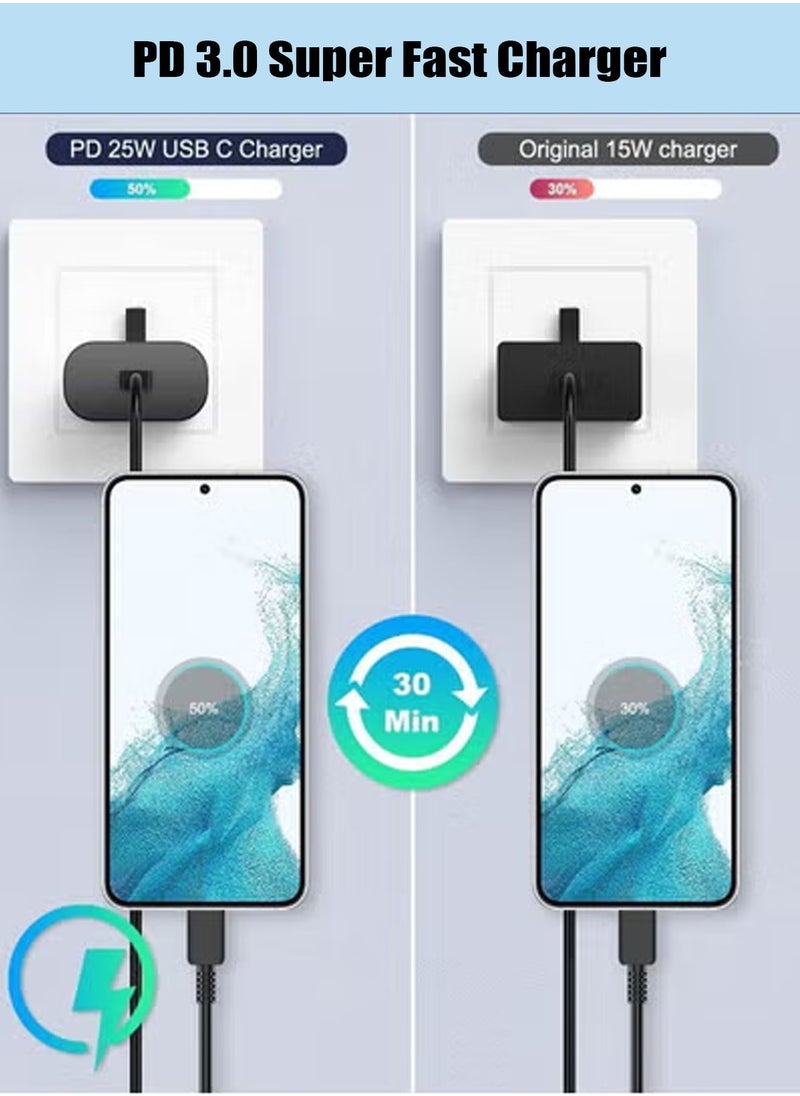 هيروكس - شاحن سريع 25 وات لهاتف سامسونج، شاحن PD3.0 USB-C لهاتف سامسونج جالاكسي S23 Ultra S23+ S23 S22 Ultra S21+ A53 5G A54 Z Fold/Flip 4 Tab S8 Ultra، قابس محول طاقة مع كابل من النوع C بطول 1 متر - Image 1