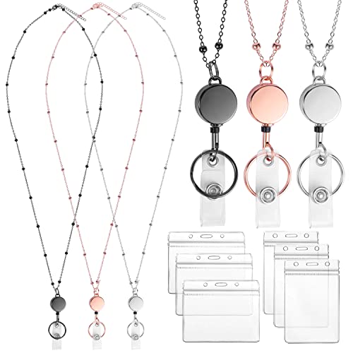 Prudiut Lanyards for Id Badges 3 Pack Badge Lanyard with 6 Pcs Id Badge Holder Retractable Stainless Steel Teacher Lanyard Cruise Ship Lanyards for Girl Women (Black, Silver, Rose Gold) - Image 1