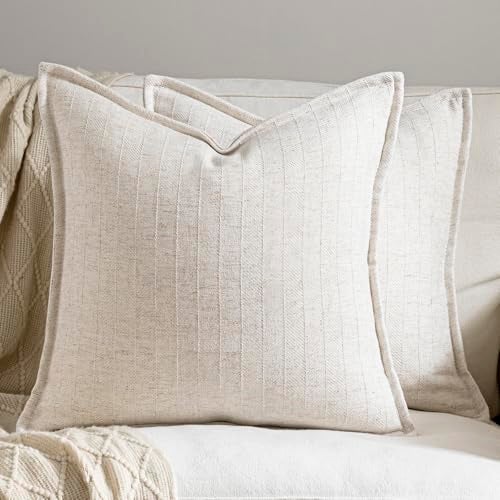 DEZENE 18x18 Linen Pillow Covers Beige Pack of 2 Farmhouse Boho Neutral Accents Striped Textured Square Decorative Throw Pillow Cases for Living Room Couch Bed Home Decor - Image 1