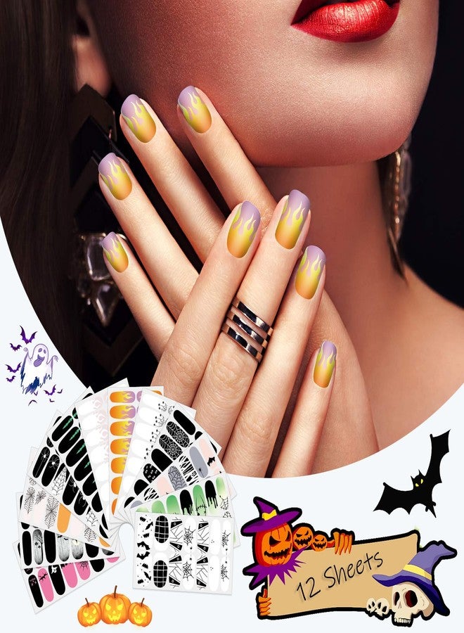 SILPECWEE 12 Sheets Glow in The Dark Nail Polish Stickers Full Nail Wraps for Women Luminous Halloween Nail Stickers Self Adhesive Nail Polish Strips Fingernail Sticker Nails with Nail File - Image 2
