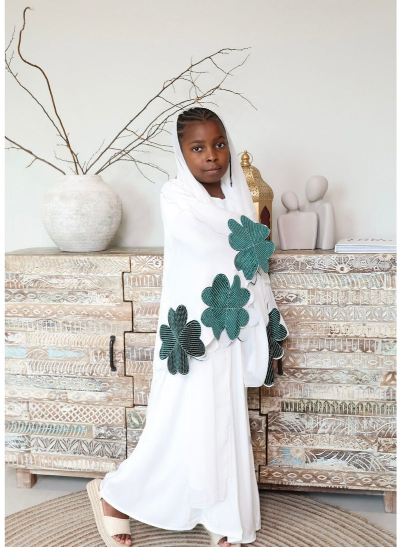 Abaya by Mariam Abaya Aamira for Womens – White and Green Beaded Clover Abaya Set – 2-Piece Elegant TikTok Fabric Outfit with Chiffon Scarf | Womens Abaya  - Image 5