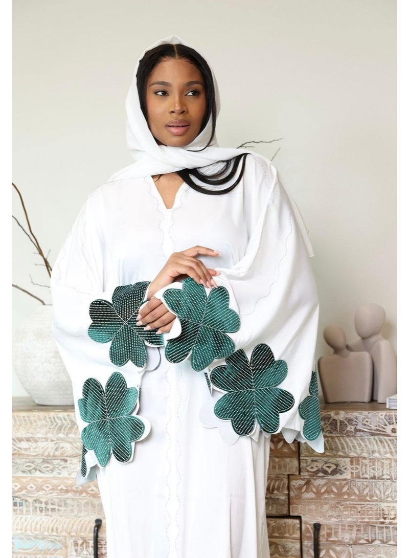 Abaya by Mariam Abaya Aamira for Womens – White and Green Beaded Clover Abaya Set – 2-Piece Elegant TikTok Fabric Outfit with Chiffon Scarf | Womens Abaya  - Image 1