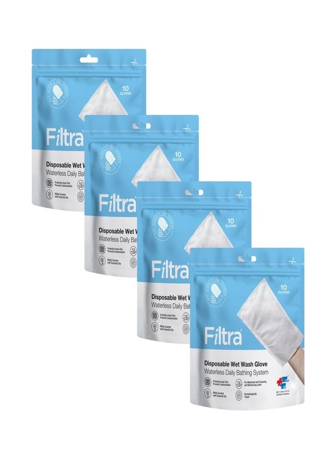 FILTRA® Disposable Wet Wash Gloves | Body Wipes | Bathing Gloves | Bed Bath Wipes | Bathing Wipes Pre-Moistened | 4 x Re-Sealable Zip Lock Pouches of 10 Gloves (4 Packs of 10 Gloves) - Image 1